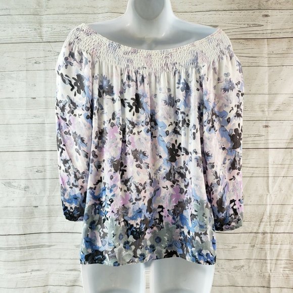 Lovestitch Womens Top Sz Small Purple Blue Floral 3/4 Sleeve - Picture 4 of 6